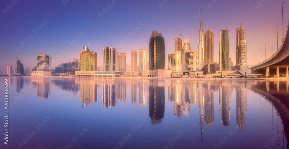 Dubai Business bay during purple sunrise