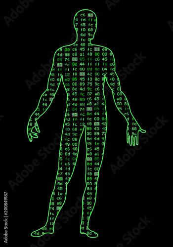Artificial Intelligence.Silhouette of a human body on a black background program binary code. It can illustrate scientific ideas, artificial neural networks, deep learning, development of technology.