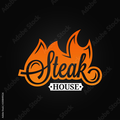 Steak logo flame vintage lettering. Grill fire on black background
