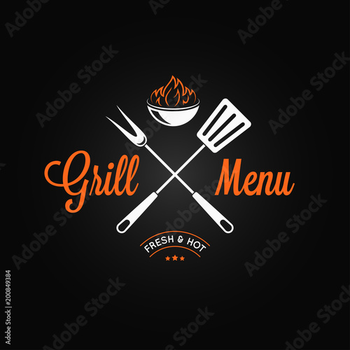 Grill logo vintage emblem. Grill fire and tools on black background