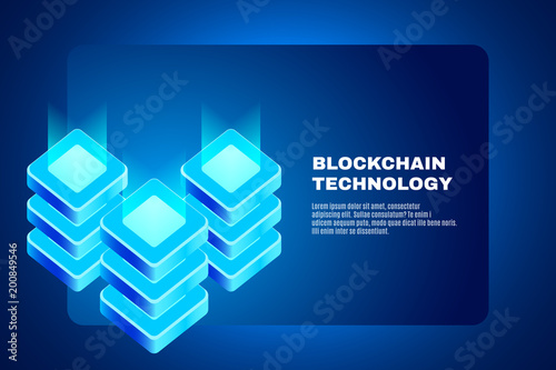 Cryptocurrency and blockchain technology isometric illustration. High technology. Concept of big data processing  energy station  server room rack  data center. 3d Vector banner  eps10