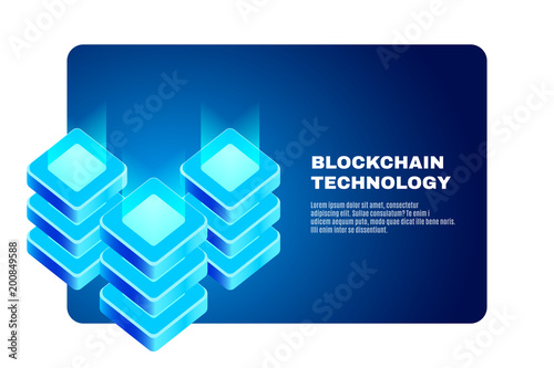 Cryptocurrency and blockchain technology isometric illustration. High technology of future. Concept of big data processing, energy station, server room rack, data center. 3d Vector banner, eps10