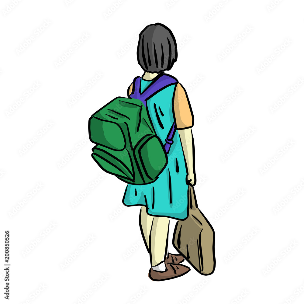 happy and smiling little girl with school bag on her back vector illustration sketch hand drawn with black lines isolated on white background. education and school concept.
