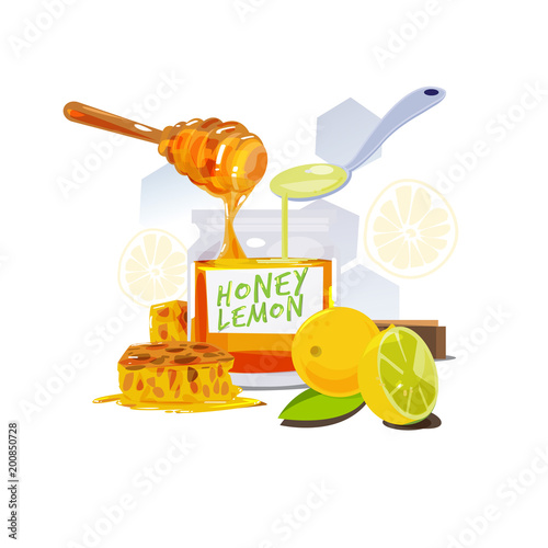 Honey and Lemon in jar. freshness drink concept - vector