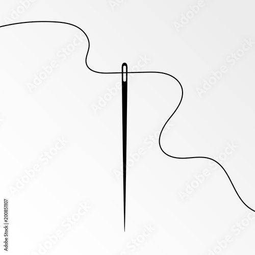 Vertical needle and curvy thread vector illustration. Dark gray sewing needle silhouette with wavy thread isolated on white background for tailor website or promo fashion product