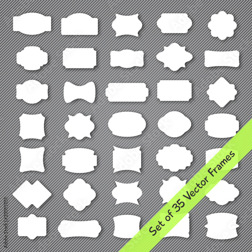 VIntage frame set with 35 simple geometric shape labels. Stylish collection of modern vector frames on elegant striped background for retro design banner, graphic illustration or tag template.