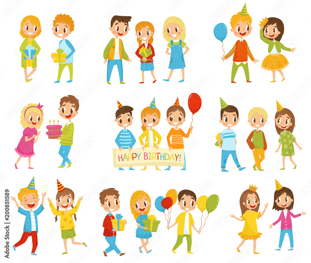 Happy Birthday kids set, little boys and girls celebrating birthday vector Illustrations on a white background Happy Birthday kids set, little boys and girls celebrating birthday vector Illustrations on a white background