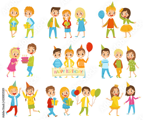 Happy Birthday kids set, little boys and girls celebrating birthday vector Illustrations on a white background