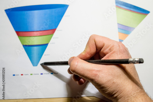 Male hand pointing with a finger at a sales funnel chart printed on a sheet of paper during a marketing meeting