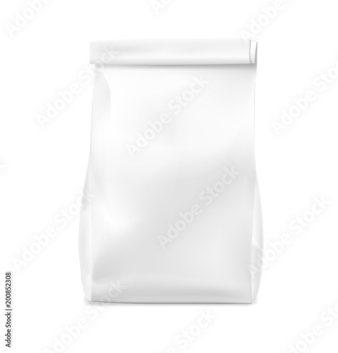 Food snack bag on white background. Vector illustration. Front view. Can be use for template your design, presentation, promo, ad. EPS10.