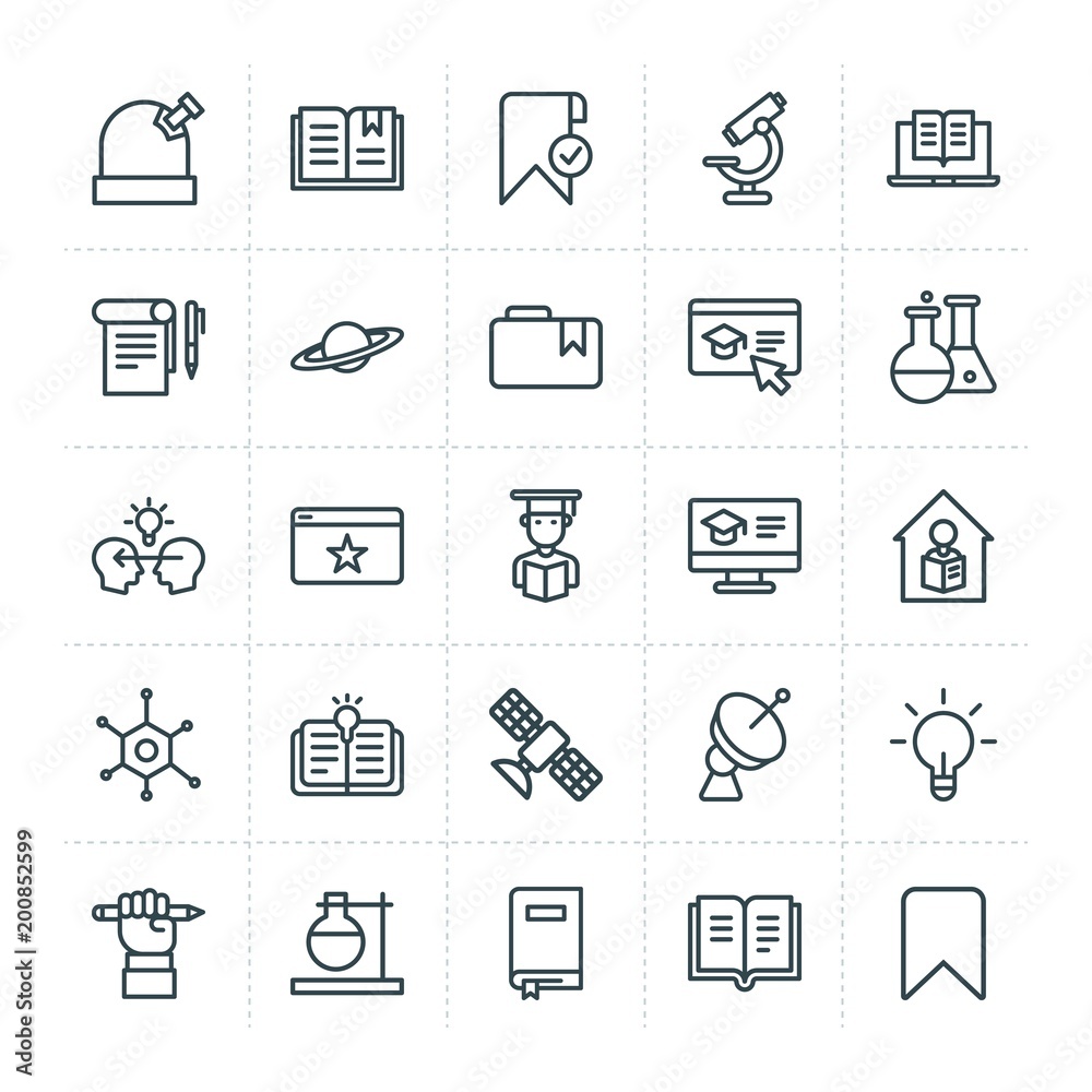 Modern Simple Set of science, bookmarks, education Vector outline Icons. ..Contains such Icons as  knowledge, bookmark,  vector,  space and more on white background. Fully Editable. Pixel Perfect.