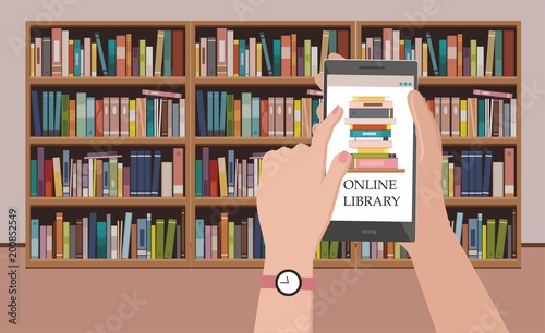 Bookshelve with books on phone screen at bookshelf background, Online Library education concept	