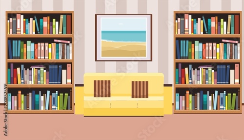 Interior with a poster, sofa with pillows and bookshelf. Flat vector illustration