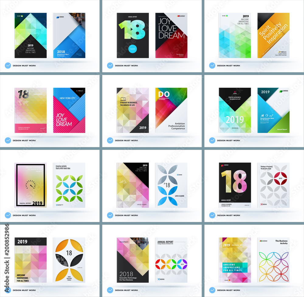 Fototapeta premium Business polygonal set of design brochure, abstract annual report, horizontal cover flyer in A4