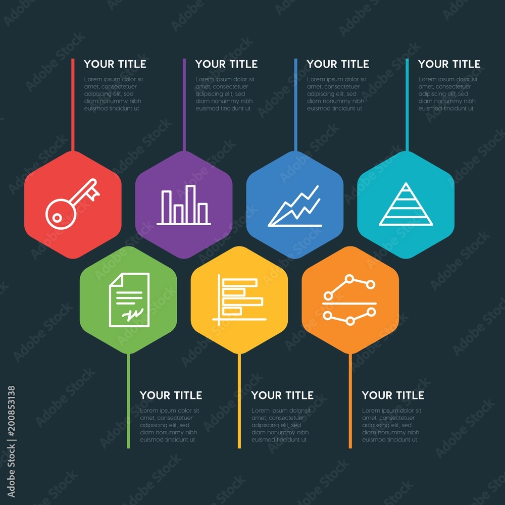 Flat geometric business, money, charts infographic steps template with 7 options for presentations, advertising, annual reports Flat geometric business, money, charts infographic steps template with 7 options for presentations, advertising, annual reports