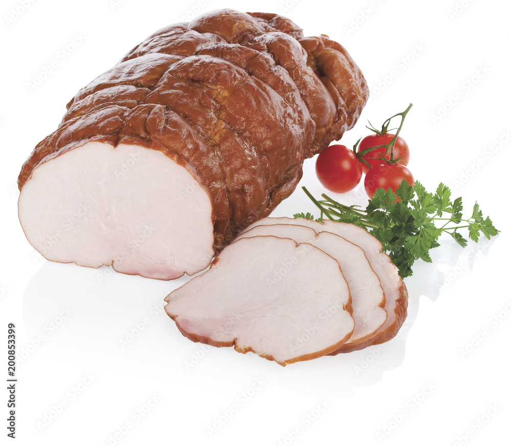 Ham and slices with decoration isolated on white background