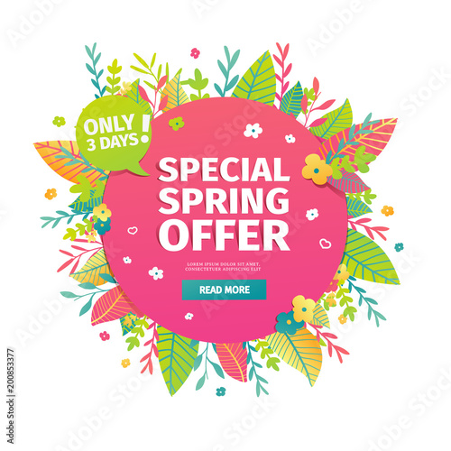 Template design circle web banner for spring offer. Advertising poster with a decor of flowers and leaves frame. Badge for the spring sale in a flat style.  Vector