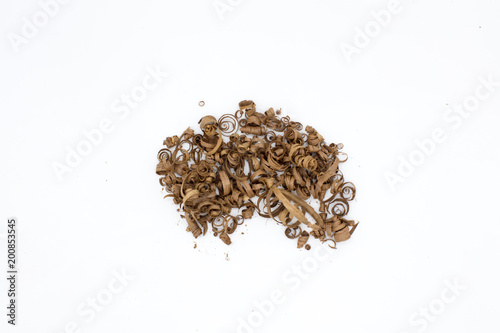 Wood shavings isolated on white background, Curled wooden shavings isolated on white, Wood chips, wood Craft 