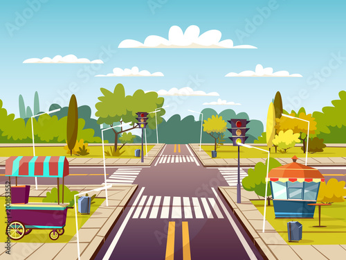 City street sidewalks vector illustration of urban road with street food vendor cart and booth. Cartoon flat background design of stoplight on lane with marking and pedestrian crossing or crosswalk