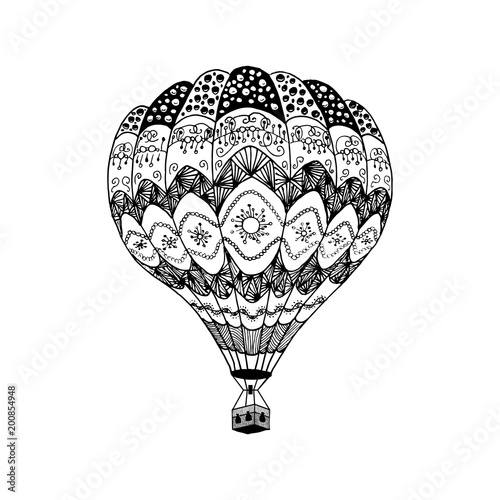 Vector illustration of hot air balloon in zentangle style. Coloring page book anti stress. Hand drawn hot air balloon