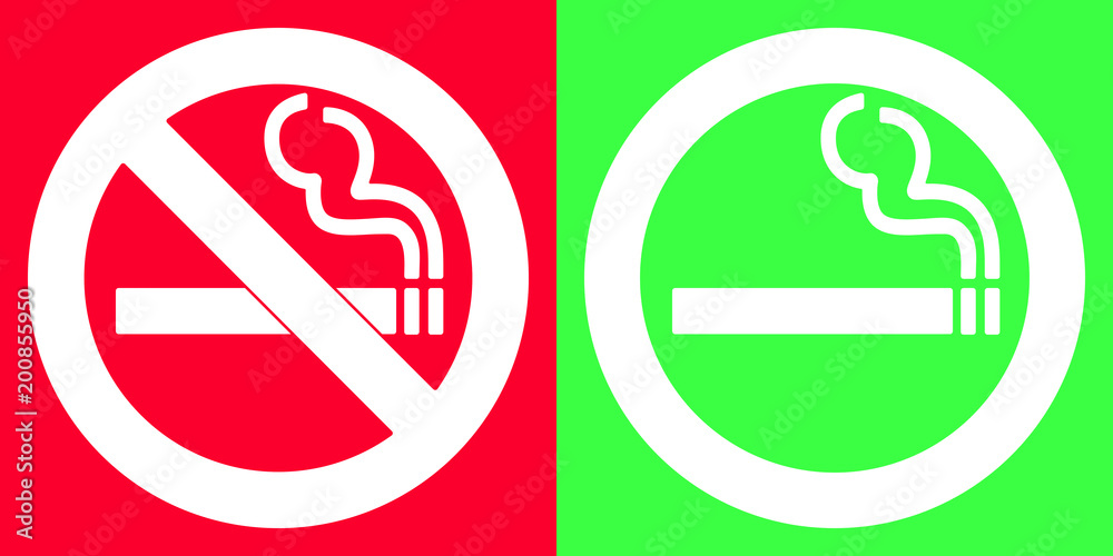 No smoking and smoking area signs. Sign icons isolated on red and green background vector illustration. White cigarette, smoke and prohobition circle flat design style. Designated and denied stickers. No smoking and smoking area signs. Sign icons isolated on red and green background vector illustration. White cigarette, smoke and prohobition circle flat design style. Designated and denied stickers.