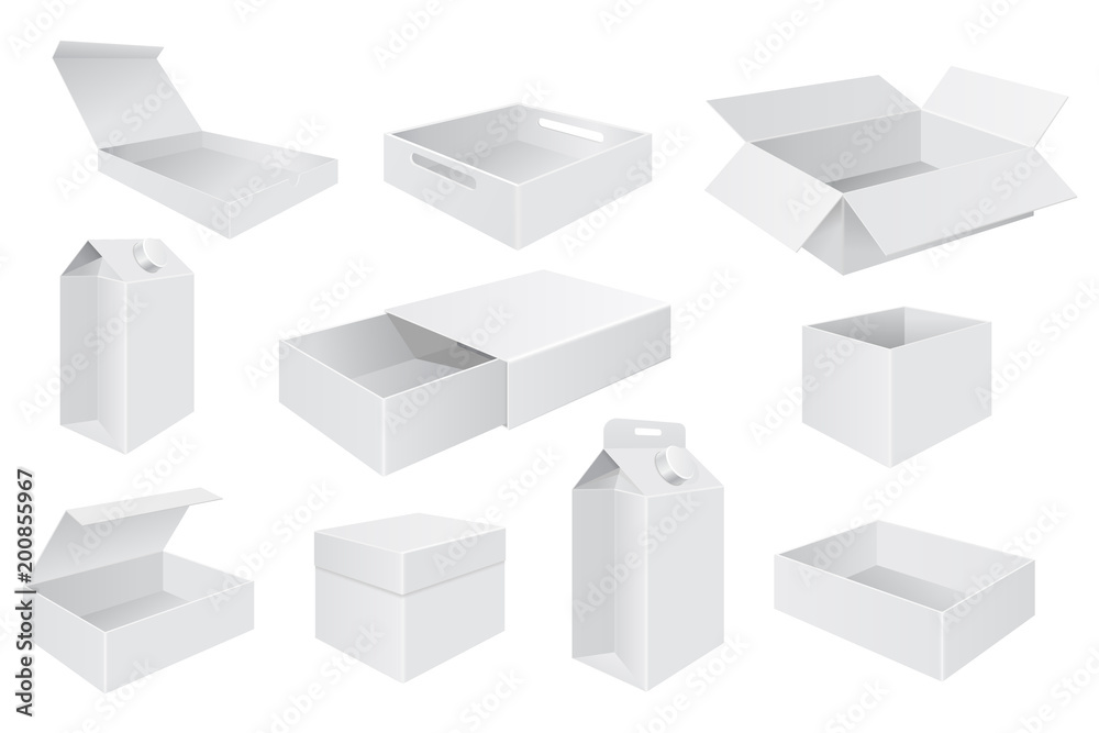 White boxes. Set of different paper boxes, open and closed White boxes. Set of different paper boxes, open and closed