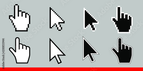 White arrow and pointer hand cursor icon set. Pixel and modern version of cursors signs. Symbols of direction and touch the links and press the buttons. Isolated on gray background vector illustration photo