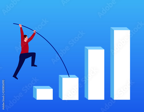 Businessman doing pole vault on bar chart