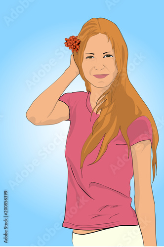 beautiful tender young girl in a summer T-shirt and shorts with a flower in her hair on a blue background flat drawing