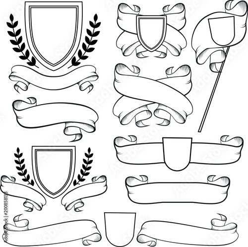 Heraldic ribbons and crest isolated. Outline monochrome coat of arms on white photo