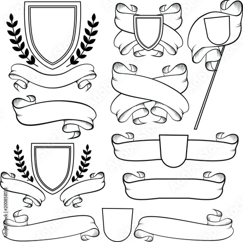 Heraldic ribbons and crest isolated. Outline monochrome coat of arms on white