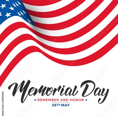 Memorial Day. USA Memorial Day card with lettering and waving flag of USA