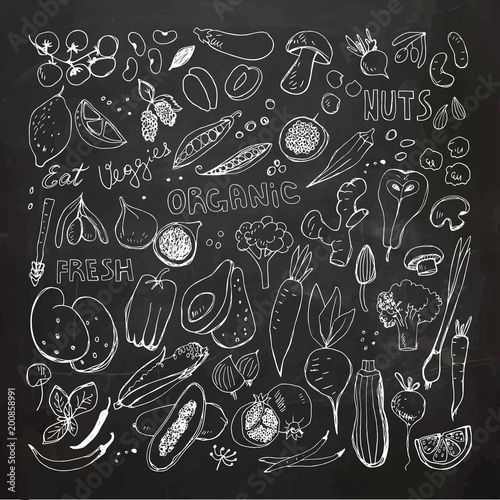 Chalkboard Organic Fruits and Vegetables Hand Drawn Doodles.
Corn,Potato,Mushroom,Olives,Tomato,Garlic,Ginger,Eggplant,Peas,Broccoli,Fig,Pear,Berries,Apricot,Papaya,Garlic,Beet,Carrot,Citrus,Lemon,Ho