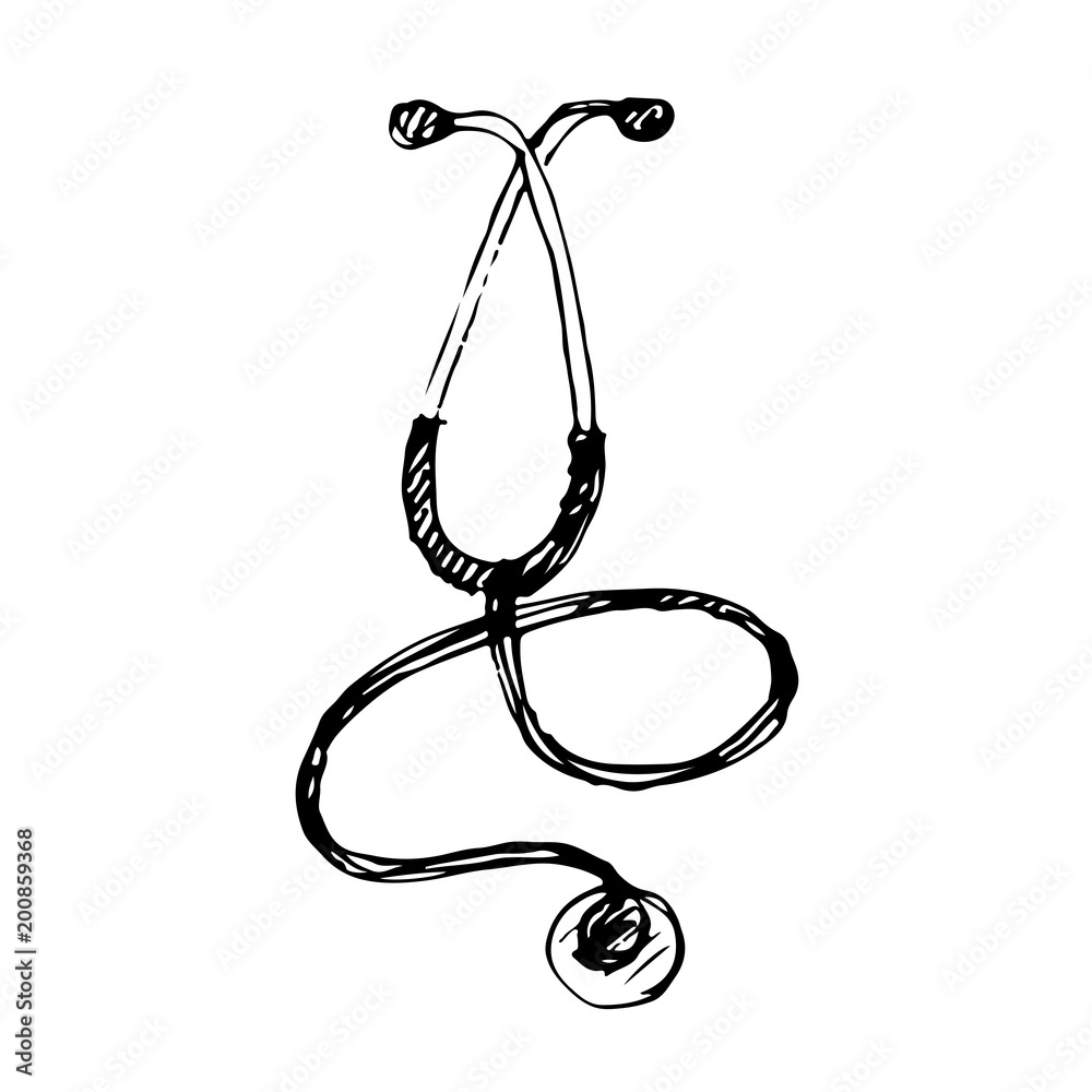 Hand drawn stethoscope. Vector illustration. Sketch. Stock Vector