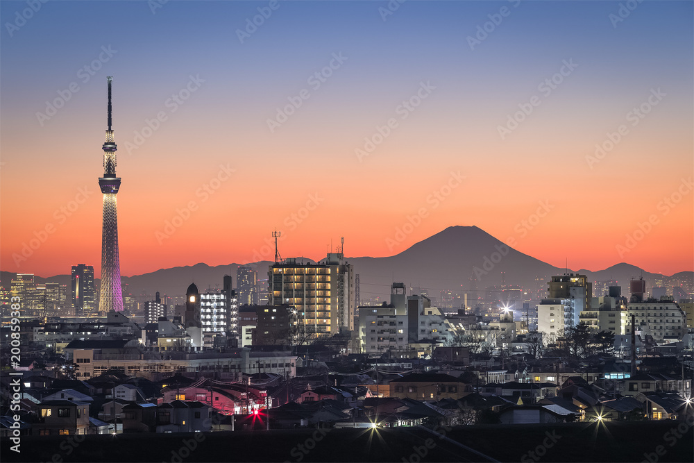 Tokyo night view , Tokyo Skytree landmark with Tokyo downtown building area and Mountain Fuji in winter season