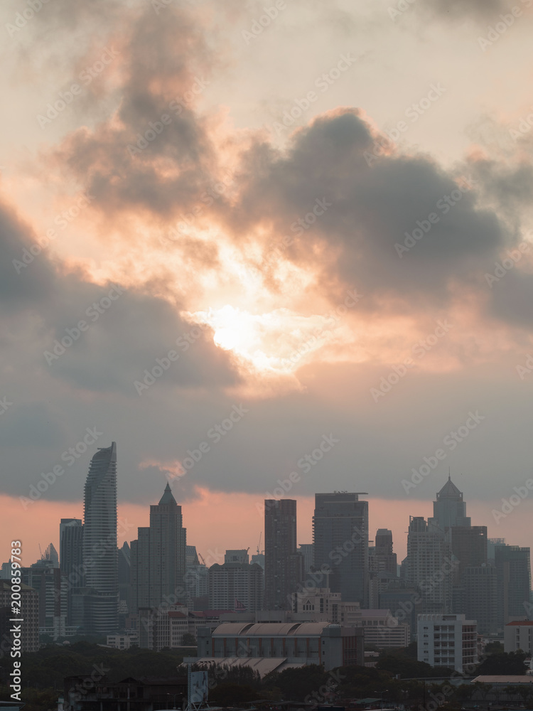 Fototapeta premium Bangkok skyline while sunrise.