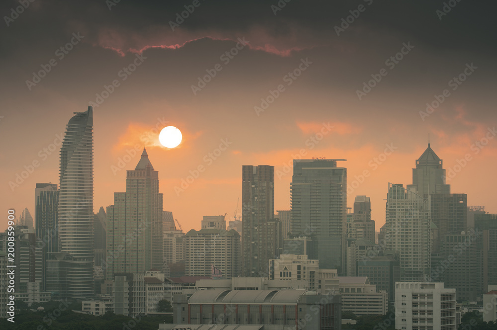 Bangkok skyline while sunrise.