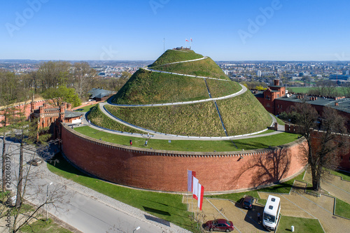 Kosciuszko Mound (Kopiec Kościuszki). Krakow landmark, Poland. Erected in 1823 to commemorate Tadedeusz Kosciuszko. Surrounded by a citadel built by Austrian Administration about 1850. Aerial view