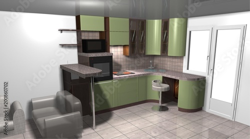 kitchen 3D rendering interior design green