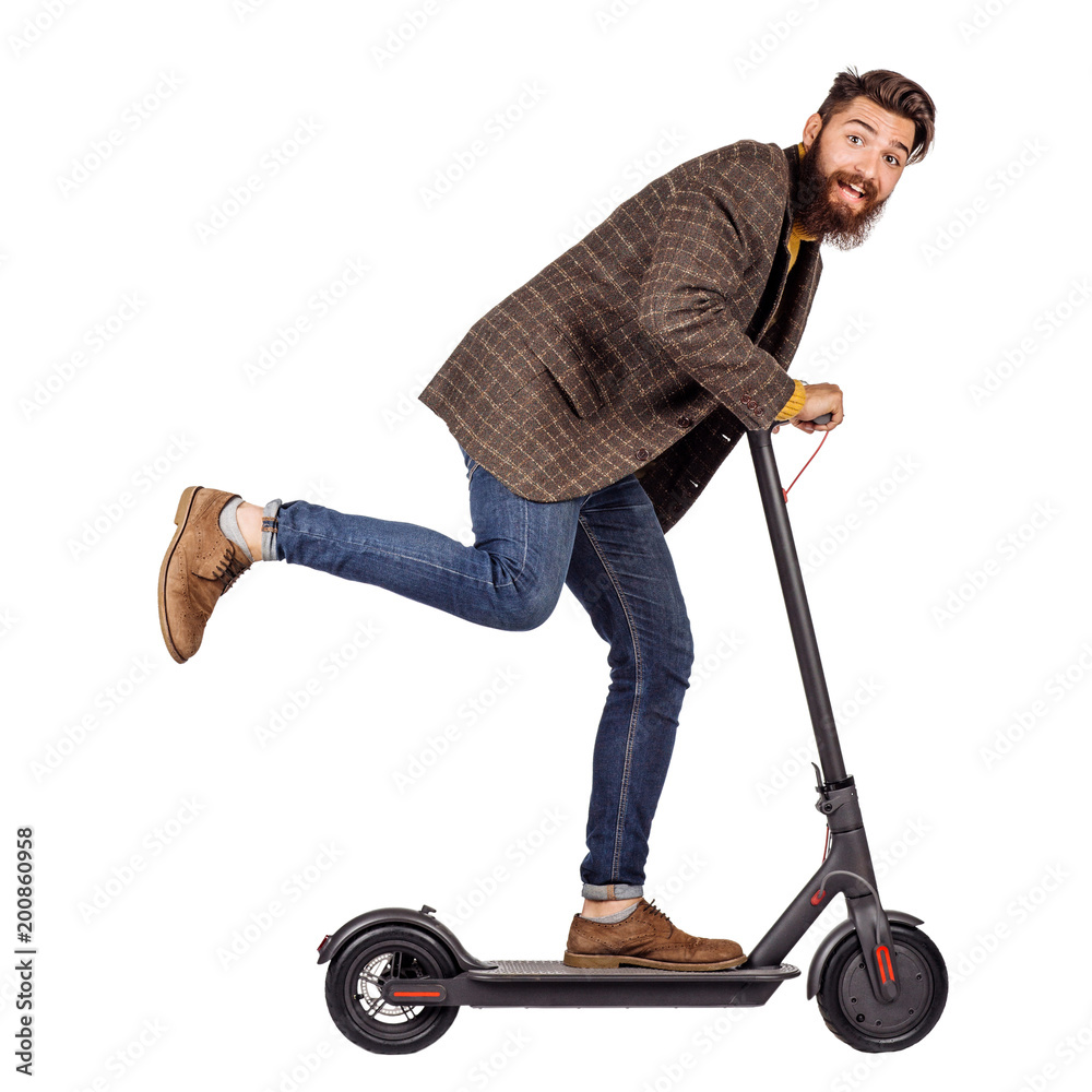 man holding the electric scooter and riding it while feeling delighted.  image on white background Stock Photo | Adobe Stock