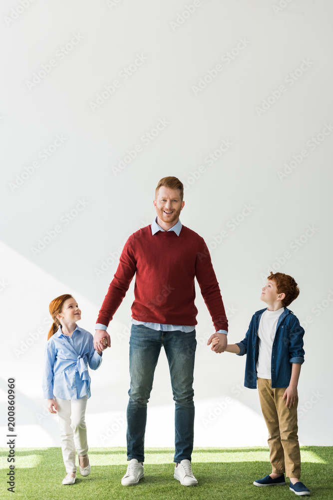 Fototapeta premium happy father with adorable smiling kids holding hands while standing on grass