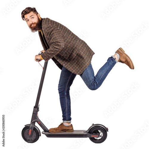 Foto Stock man holding the electric scooter and riding it while feeling  delighted. image on white background | Adobe Stock