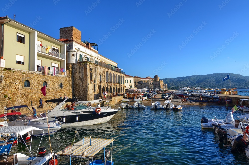 Santa Maria di Castellabate, Campania region, Italy August 15 2016. The marina with tourist boats and small fishing boats.