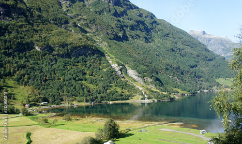 View of the Geiranger fjord and valley, beautiful norwegian nature, sunny day, Norway