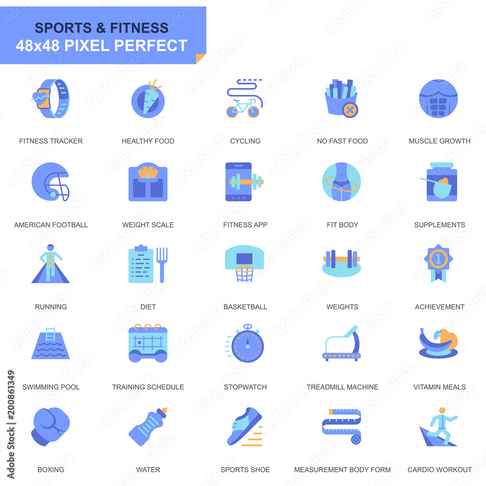 Simple Set Sport and Fitness Flat Icons for Website and Mobile Apps. Contains such Icons as Fit Body, Swimming, Fitness App, Supplements. 48x48 Pixel Perfect. Editable Stroke. Vector illustration.