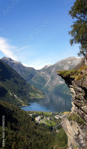 Scenic view of the Geiranger fjord, beautiful norwegian nature, sunny day, Norway