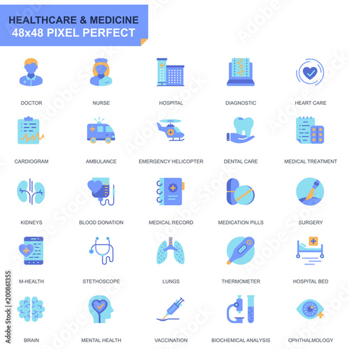Simple Set Healthcare and Medicine Flat Icons for Website and Mobile Apps. Contains such Icons as Doctor, Hospital, Medical Equipment. 48x48 Pixel Perfect. Editable Stroke. Vector illustration.