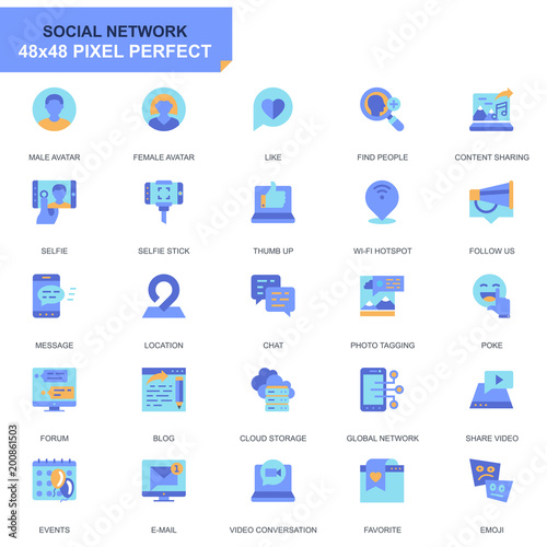 Simple Set Social Media and Network Flat Icons for Website and Mobile Apps. Contains such Icons as Avatar, Blogging, Selfie, Friendship. 48x48 Pixel Perfect. Editable Stroke. Vector illustration.