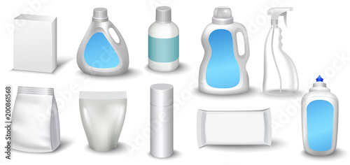 A set of bottles of detergents for washing. Blank plastic bottle for laundry detergent. Vector bottle for your design. Realistic vector image.