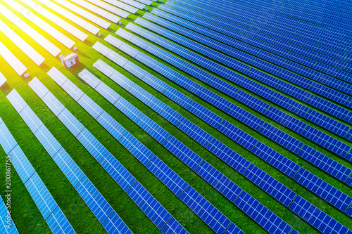 Solar energy farm. High angle view of solar panels on an energy farm